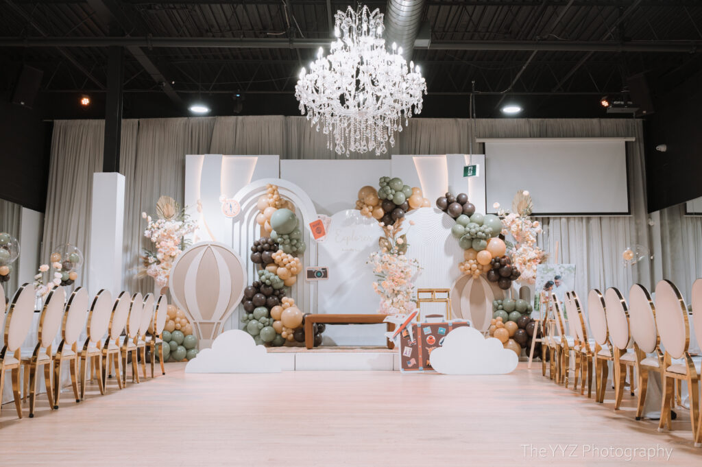 Elegant event space with balloon decor