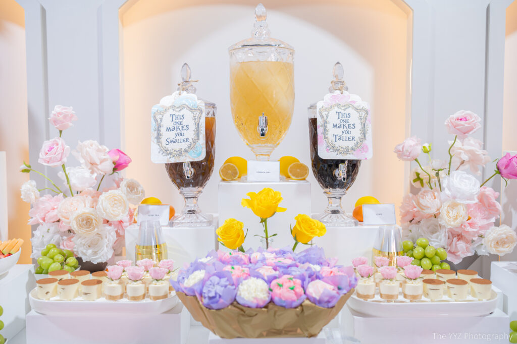 Colorful dessert display with beverages