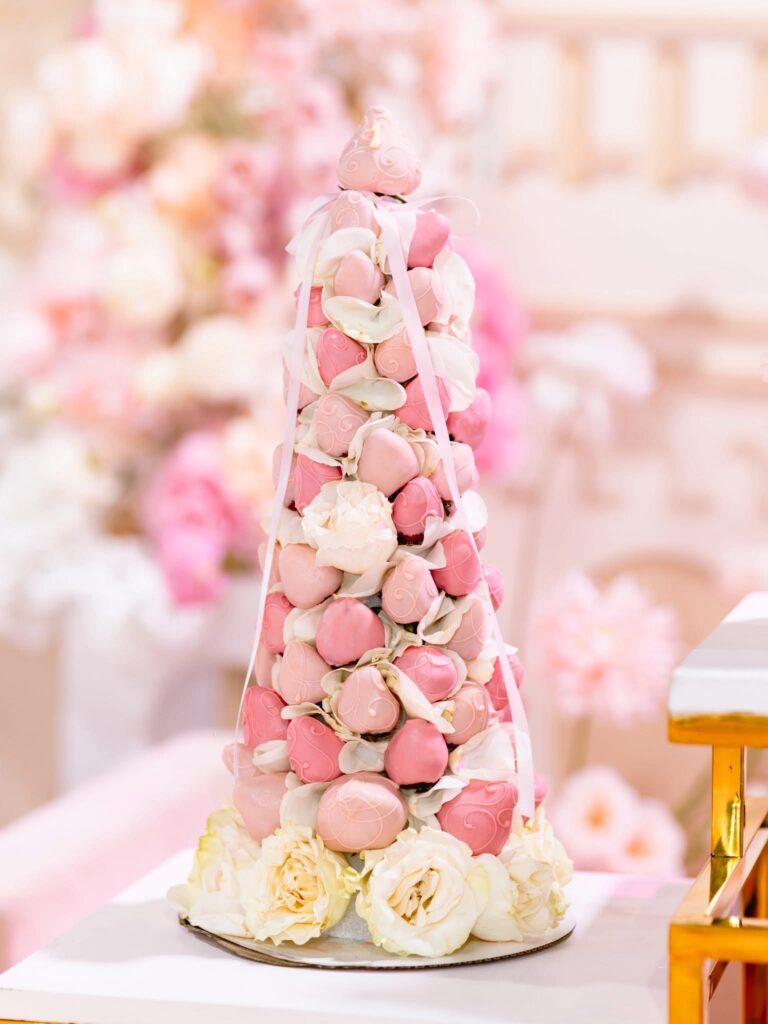 Pink cake pop tower with flowers