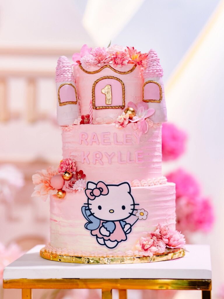 Pink castle cake with Hello Kitty