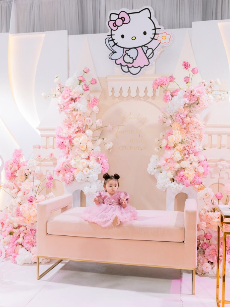 Baby girl in pink dress, floral backdrop